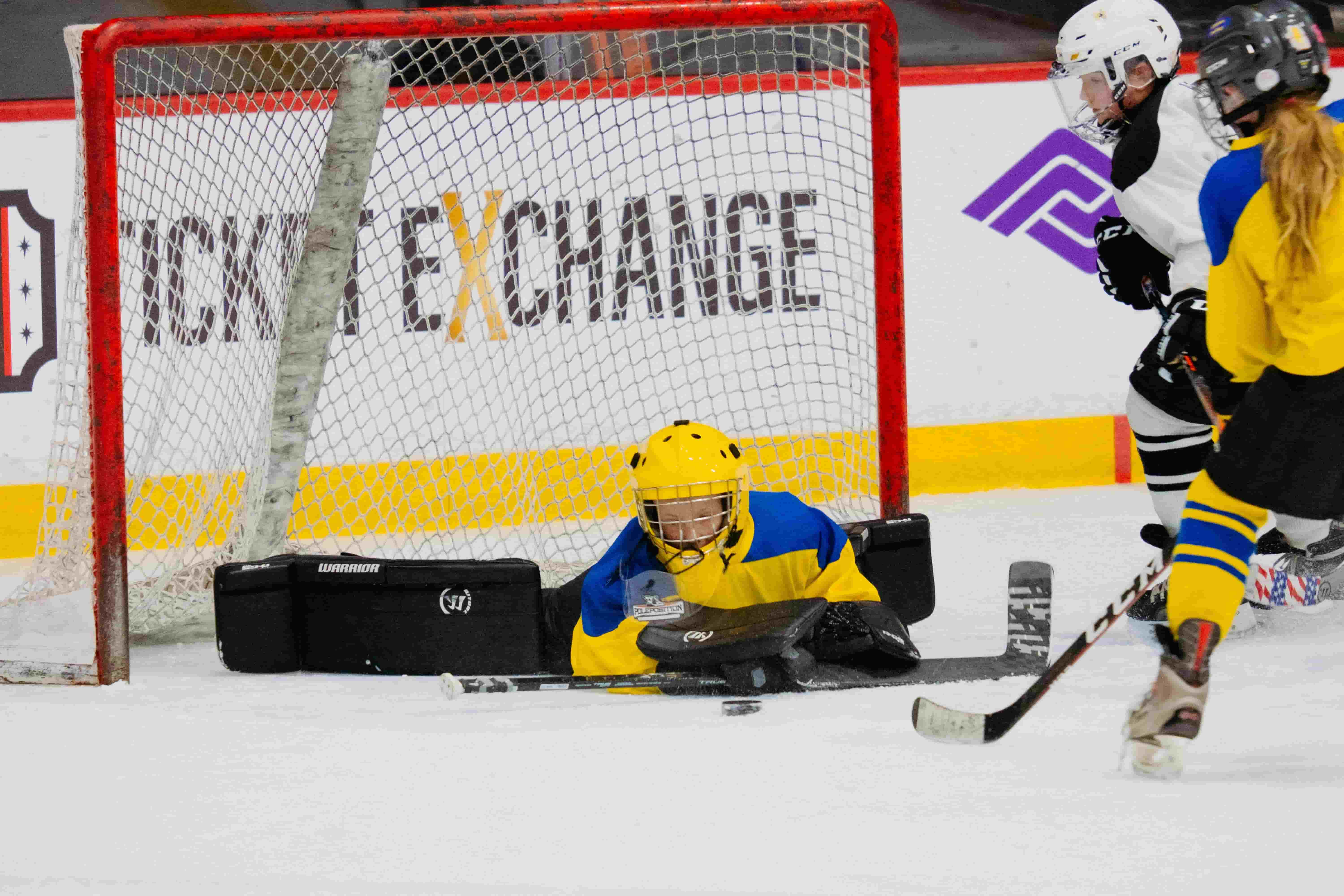 Young hockey goalie in action during tournament